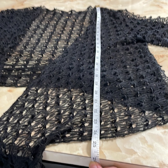 Black Sheer Cutout Lacey 3/4 Sleeve Cardigan with Open Front Crochet Size L - Picture 8 of 11
